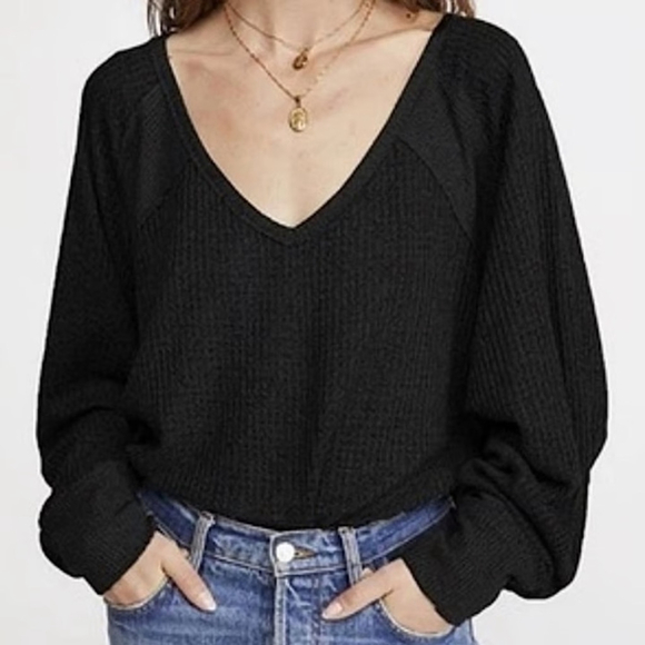 Free People We The Free Santa Clara V Neck Waffle Knit Thermal Black Oversized S - Picture 1 of 7